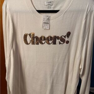 J.Crew White Sweater with Gold Sequin 'Cheers!'